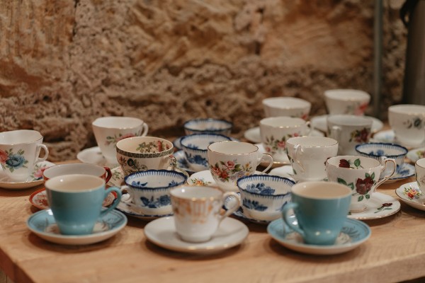tea cups in the barn at Brinkburn Northumberland